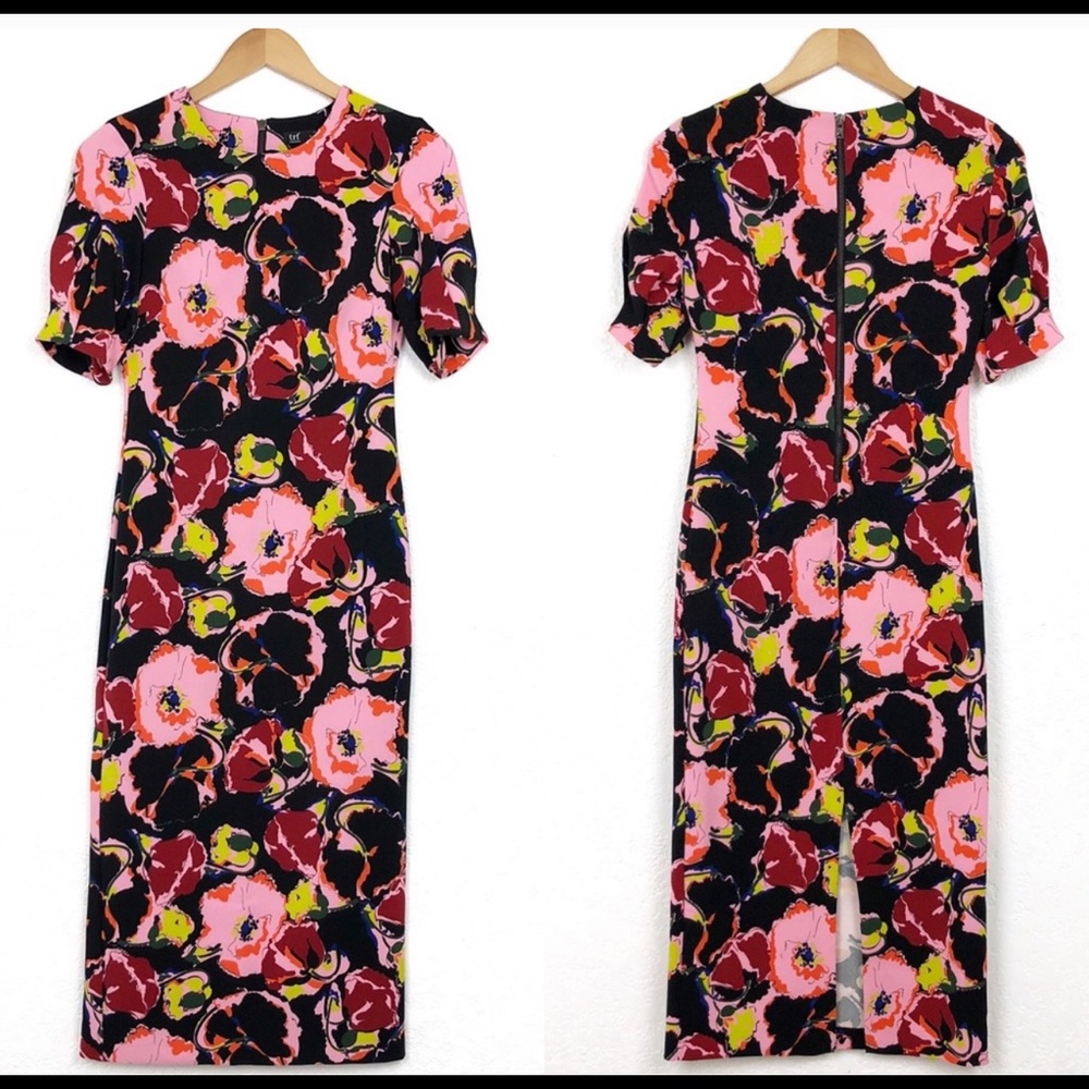 ZARA TRF Tall Sheath Sleeved Dress Black Pink XS